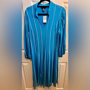 Ashley Stewart Teal Blue V-Neck Maxi Dress with White Pinstripes 14W/16W